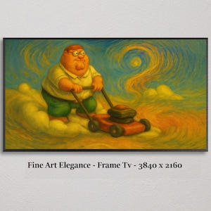 Puede incluir: Una obra de arte enmarcada que representa a un personaje de dibujos animados empujando un cortacésped a través de las nubes, sobre un cielo arremolinado de azules, amarillos y naranjas. El texto "Fine Art Elegance - Frame TV - 3840 x 2160" se muestra en la parte inferior.