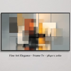 Peut inclure: Œuvre d'art géométrique abstraite avec un cadre noir. L'œuvre présente des carrés translucides et opaques superposés dans des tons de gris, d'orange, de beige et de noir. Le texte "Fine Art Elegance - Frame Tv - 3840 x 2160" est affiché en bas.