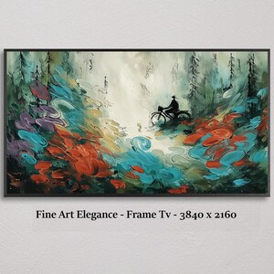 May include: Abstract painting of a person riding a bicycle through a colorful landscape. The artwork features a black frame and vibrant brushstrokes in shades of red, blue, and green. The text "Fine Art Elegance - Frame TV - 3840 x 2160" is at the bottom.