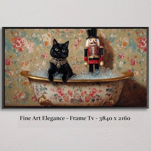 May include: A black cat with a gold necklace sits in a white and gold bathtub with bubbles. A toy soldier stands in the bubbles next to the cat. The background is a floral wallpaper.