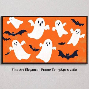 Tv Frame Art, Canva, Cartoon Ghost, Halloween, Orange, Bats, Television picture frame, samsung frame tv,