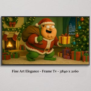 Puede incluir: Una impresión de arte digital enmarcada que presenta un personaje de dibujos animados vestido de Papá Noel, sosteniendo un regalo. El personaje lleva un traje rojo y blanco con pantalones verdes. El fondo incluye un árbol de Navidad, una chimenea y regalos.