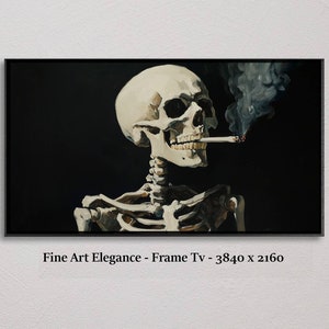 Puede incluir: Una pintura de un esqueleto humano con un cigarrillo en la boca. El esqueleto está sobre un fondo negro y tiene un cráneo blanco con una cuenca de ojo oscura. El cigarrillo está encendido y sale humo de él.