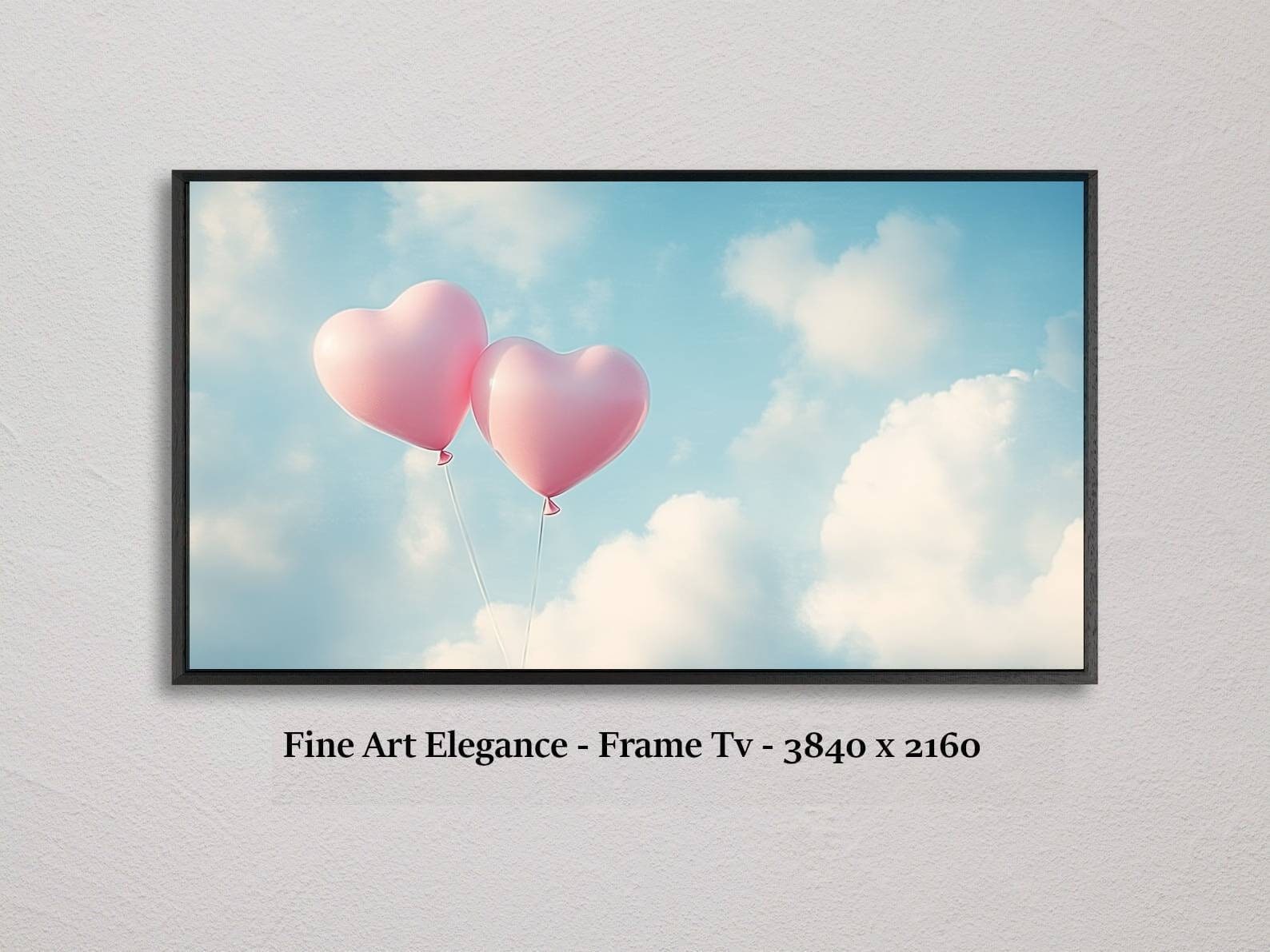 Tv Frame Art, Canva, Pink Heart-Shaped Balloons, Sky, Oil Painting, Valentine's Day, I Love You, Television picture frame, samsung frame tv,