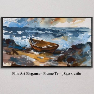 Könnte beinhalten: Ein Aquarellbild eines Holzboots an einem Strand mit brechenden Wellen. Das Bild ist in Schwarz gerahmt und trägt den Text "Fine Art Elegance - Frame Tv - 3840 x 2160" darunter.