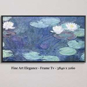 May include: A painting of water lilies in a pond. The water lilies are white and the pond is blue. The painting is framed in black.