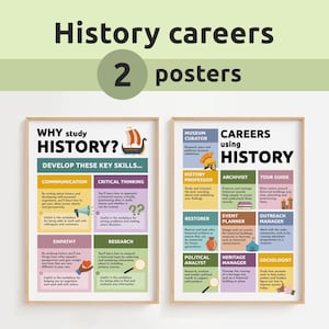 May include: Two framed posters with the text "History careers" and "2 posters" at the top. One poster asks "Why study history?" and lists key skills. The other poster lists careers using history, such as museum curator and archivist.