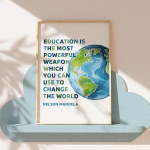 May include: A motivational quote by Nelson Mandela about education being the most powerful weapon to change the world. The quote is printed on a white background with a colorful illustration of the Earth.