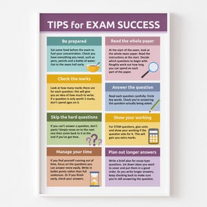 May include: A colorful infographic with tips for exam success. The tips include: Be prepared, Check the marks, Skip the hard questions, Manage your time, Read the whole paper, Answer the question, Show your working, Plan out longer answers.