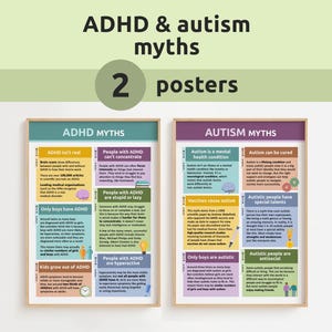 Puede incluir: Dos carteles enmarcados con el texto "ADHD & autism myths". Los carteles están etiquetados como "ADHD MYTHS" y "AUTISM MYTHS". Cada cartel contiene afirmaciones sobre el TDAH y el autismo, con información.