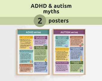 Pósters sobre mitos del TDAH y el autismo / Láminas de concienciación sobre la neurodiversidad para consultorios de terapia o aulas escolares