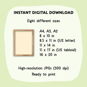 May include: A digital download of eight different sizes of printable images, including A4, A3, and A2. The images are high-resolution JPGs at 300 dpi and are ready to print.