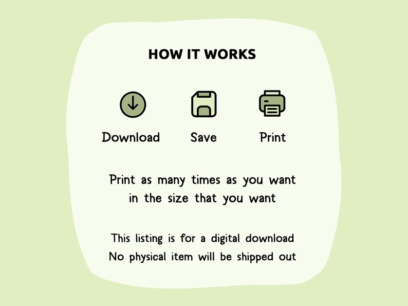 May include: A digital download graphic showing how to download, save, and print a digital file. The text reads "HOW IT WORKS" and includes icons for download, save, and print. The text also reads "Print as many times as you want in the size that you want. This listing is for a digital download. No physical item will be shipped out."