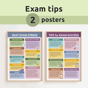 May include: Two framed posters with exam tips. One poster titled "BEAT EXAM STRESS" offers advice on taking breaks, using past papers, and self-care. The other, "TIPS for EXAM SUCCESS," suggests preparation, time management, and answering questions. The posters have a light wood frame.