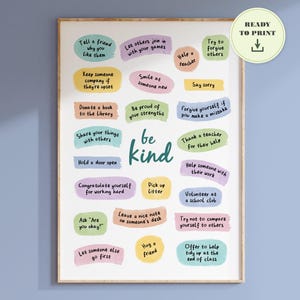May include: A printable poster with a light blue background and colourful circles containing suggestions for being kind. The poster has the text "Be Kind" in a large green font.