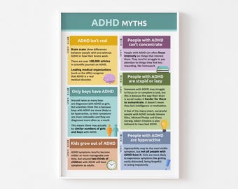 Póster sobre mitos del TDAH / Impresión de concienciación sobre la neurodiversidad para la oficina de terapia o el aula escolar