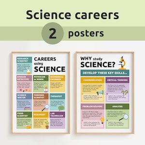 Può includere: Due poster incorniciati con il testo "Science careers" e "2 posters" in alto. Un poster elenca le carriere scientifiche come ricercatore scientifico e medico. L'altro poster chiede "Perché studiare scienze?" ed elenca le competenze chiave.