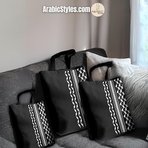 Palestinian Kufiyah Tote Bag Free Palestine Tote Stand With Palestine Bag Unisex Kuffiyah Arabic Gifts Arabic Designs AOP Black Tote