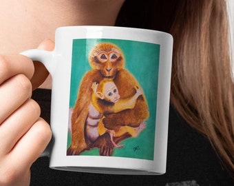 Mom and Baby Monkey Mug-Print from Original Artwork,Special Mug for Tea and Coffee Lovers,Unique Holiday Gift ,Monkey Cup Gift for Mom