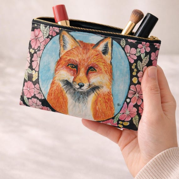 Pink Floral Fox Print Women\'s Cosmetic Bag Fox Makeup Pouch With Floral Art,animal Cosmetic Bag  main image 2