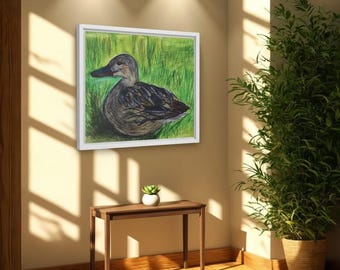 Muurkunst wilde eend ingelijst – op de natuur geïnspireerde eend canvasafdruk, aquarelle eend schilderij