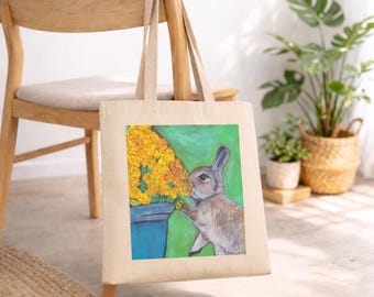 Draagtas konijn met bloemen – op de natuur geïnspireerde katoenen tas, milieuvriendelijke draagtas konijn, konijn cadeau voor haar, boodschappentas schattige dieren