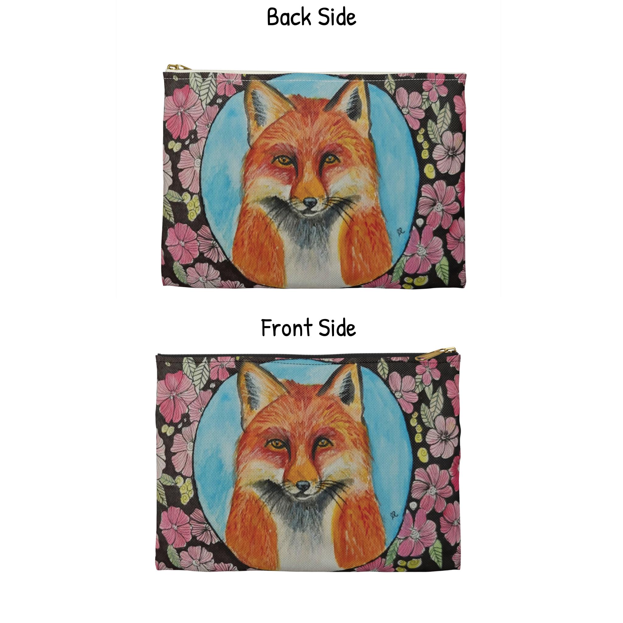 Pink Floral Fox Print Women\'s Cosmetic Bag Fox Makeup Pouch With Floral Art,animal Cosmetic Bag  main image 3