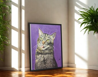 Framed Cat Canvas Print –Cat Original Artwork, Cat Painting on Canvas, Animal Wall Decor, Gift for Cat Lovers, Soft Pastel Art Print