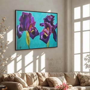 Violet Iris Horizontal Wall Art- Purple Flowers Wall Art,Iris Framed Art Gift for Grandma,Botanical Painting for Bedroom or Hallway