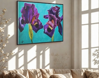 Violet Iris Horizontal Wall Art- Purple Flowers Wall Art,Iris Framed Art Gift for Grandma,Botanical Painting for Bedroom or Hallway