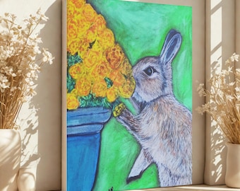 Impression sur toile lapin - Lapin avec fleurs, décorations de printemps et de Pâques, cadeau pour amoureux des animaux, oeuvre d'art murale pour chambre d'enfant