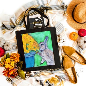 Rabbit with Flowers Tote – Nature Inspired Cotton Bag, Eco-Friendly Bunny Tote, Bunny Gift for Her,Cute Animal Grocery Bag