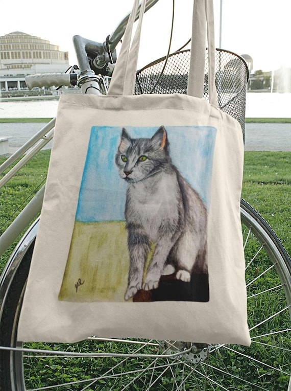 Gray Cat Tote Bag – Original Artwork Print, Reusable Canvas Bag