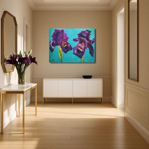 Impression sur toile d&#39;art mural iris - oeuvre d&#39;art murale florale violette, oeuvre d&#39;art de fleur violette, cadeau d&#39;art floral pour maman, art botanique pour le salon