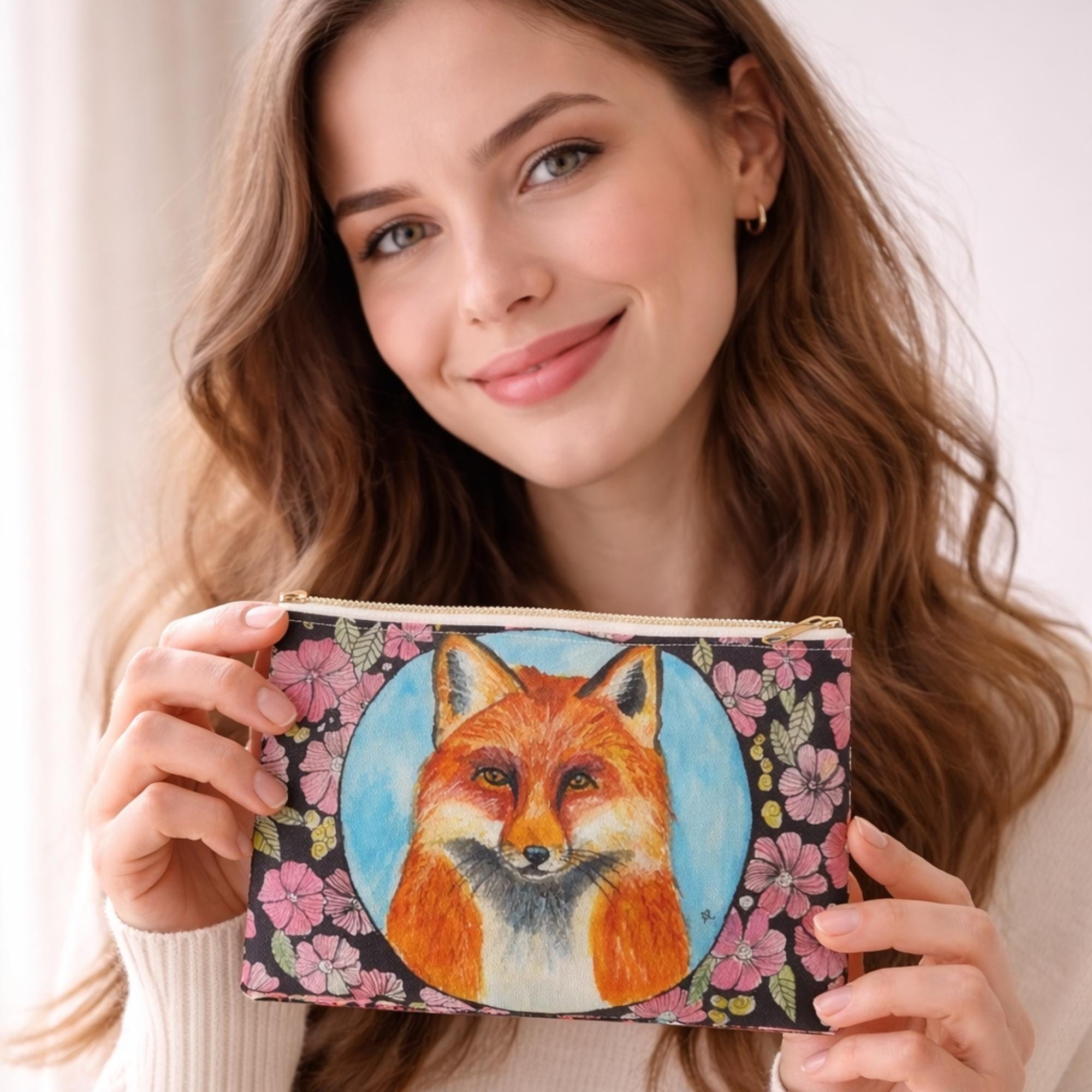 Fox Makeup Pouch With Floral Art,animal Cosmetic Bag  display picture 2