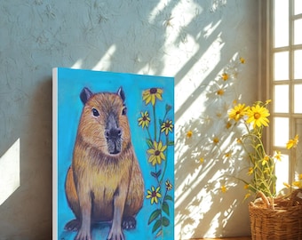 Tela de arte de parede de capivara, arte de parede de natureza animal, pintura de capivara, presente para amantes de animais, arte de parede de sala de estar com animais, arte de capivara para quarto infantil