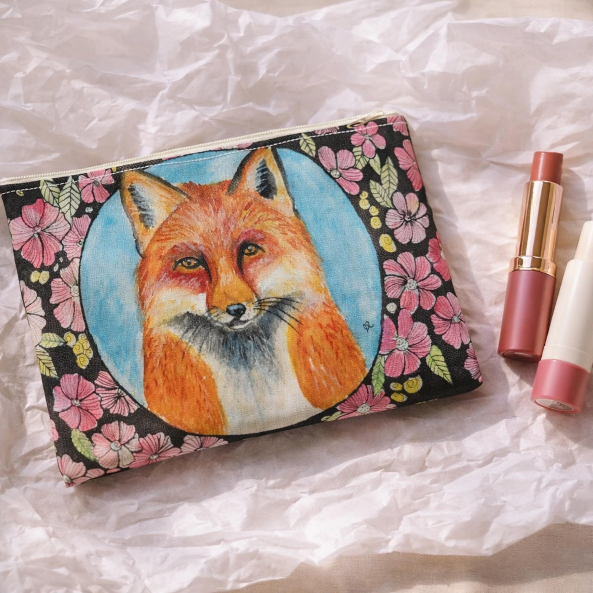 Fox Makeup Pouch With Floral Art,animal Cosmetic Bag 