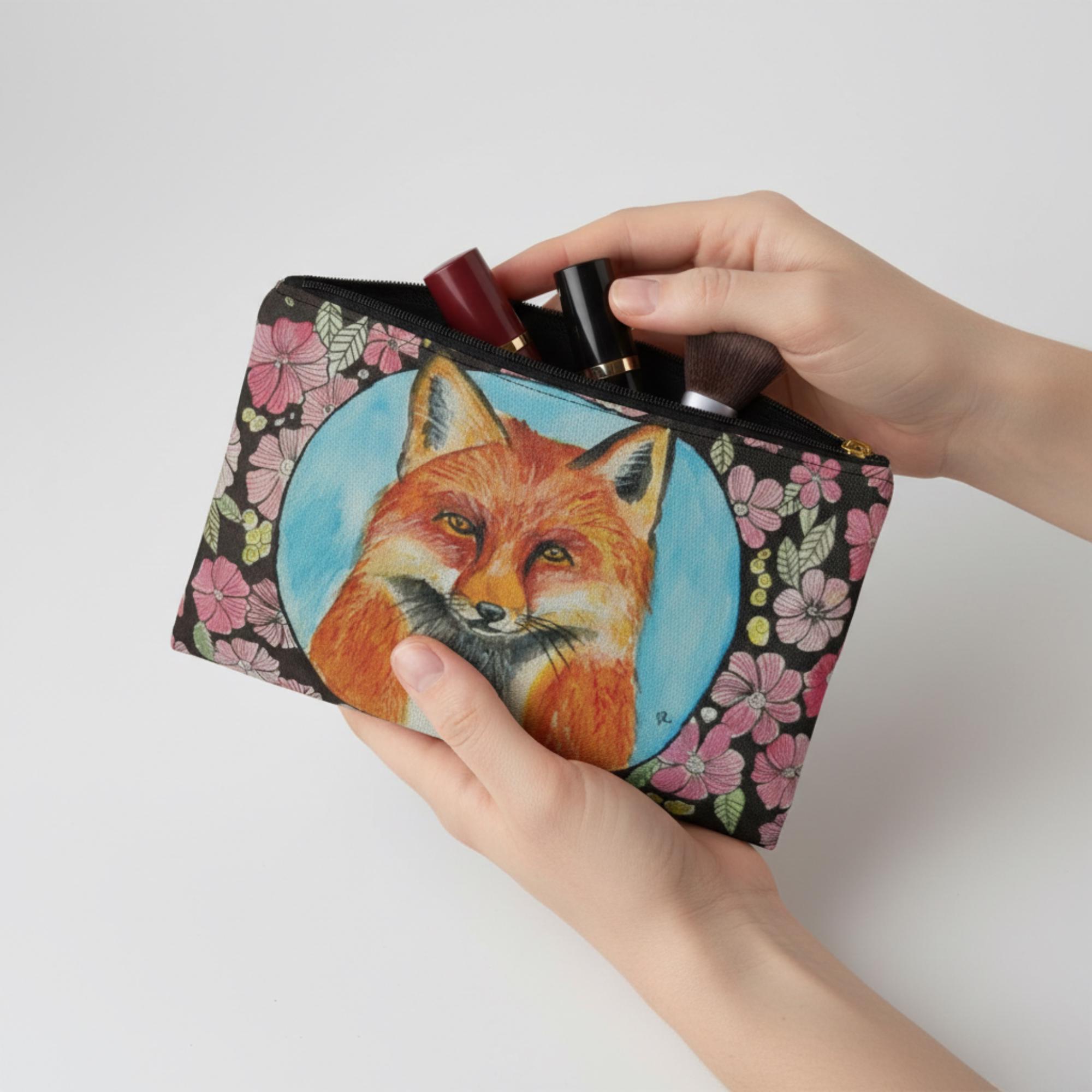 Fox Makeup Pouch With Floral Art,animal Cosmetic Bag 