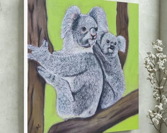 Koala mama i dziecko płótno ścienne sztuka drukowana, australijskie zwierzę sztuka wystrój, zwierzęce dzieci pokój sztuka ścienna, koala prezenty sztuka malarstwo
