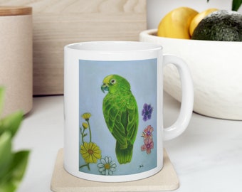Green Parrot Ceramic White Mug,Parrot Mug, Flowers Mug-Printed,Funny Parrot Coffee Mug,Print from Hand-Painted Color Pencils Art