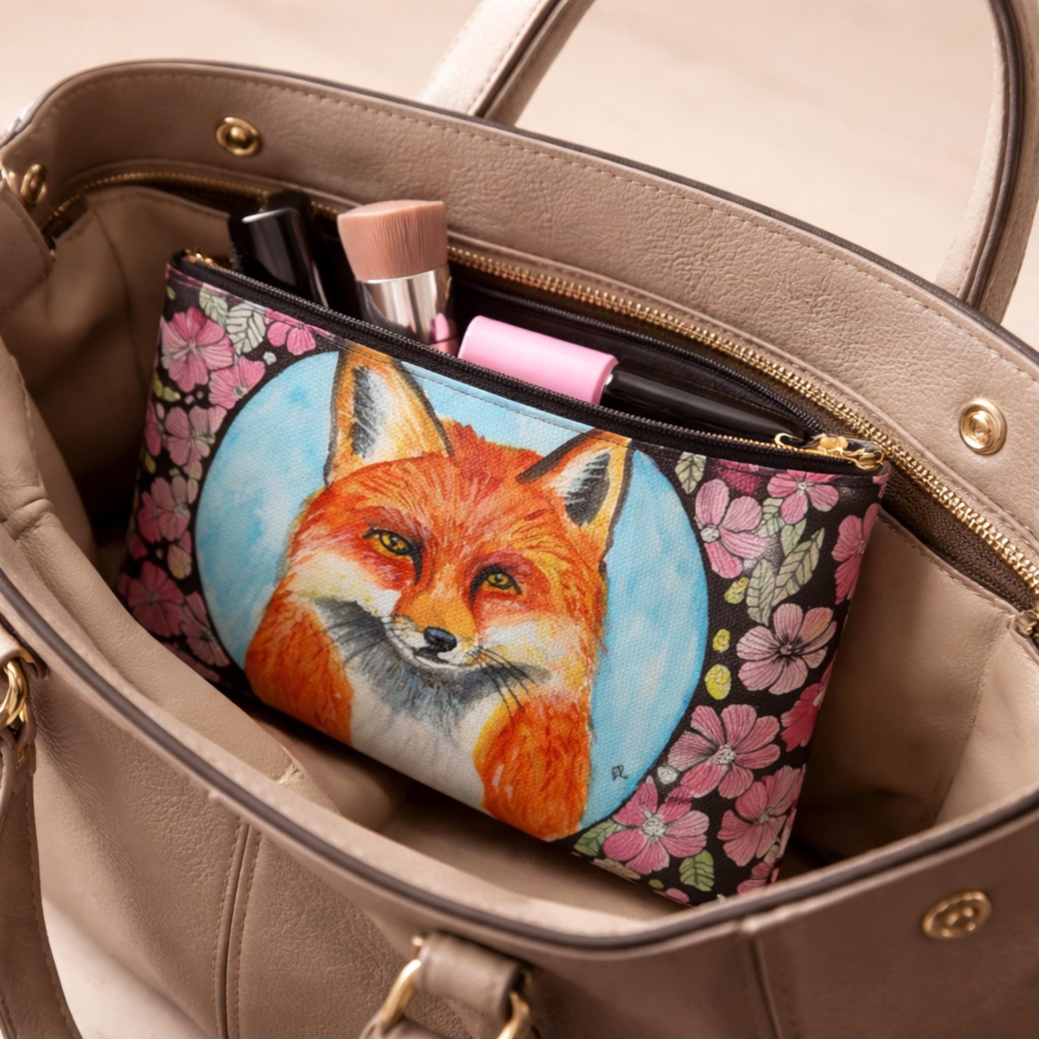 Pink Floral Fox Print Women\'s Cosmetic Bag Fox Makeup Pouch With Floral Art,animal Cosmetic Bag  main image 2