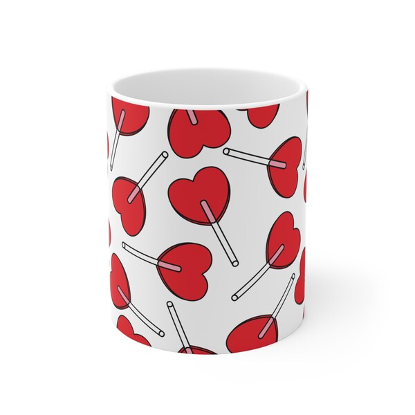 Valentines Day Heart Shaped Lollipop Mug, Ceramic Coffee Cup, Love Themed, Romantic Drinkware, Gift Idea