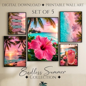 Digital Wall Art Set of 5, Coastal Beach Prints, Pink Turquoise Tropical Poster Set, Gallery Wall Art, Instant Download Endless Summer
