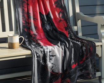 Red Full Moon Wolf Fleece Blanket - Cozy Woodland Animal Throw - Wildlife Cabin Decor
