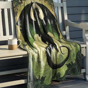 Emerald Dragon Fleece Blanket: Medieval Gamer Throw, Plush Sherpa or Velveteen