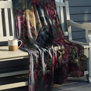 Dark Academia Raven Blanket - Gothic Crow Throw - Dark Fantasy Cozy Winter Blanket - Moody Cottagecore Home Decor Gift