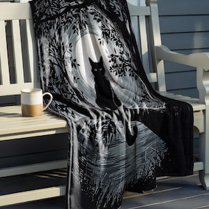 Midnight Black Cat Fleece Blanket - Sherpa & Velveteen - Soft Gothic Throw - Unique Blanket Gift for Cat Lovers