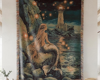 Mermaid Lighthouse Cotton Woven Blanket - Serene Ocean Throw for Living Room - Coastal Wall Tapestry - Fairycore Home Decor