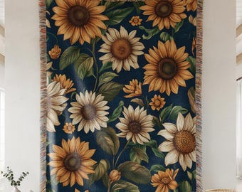 Sunflower Woven Cotton Blanket: Boho Cottagecore Home Decor