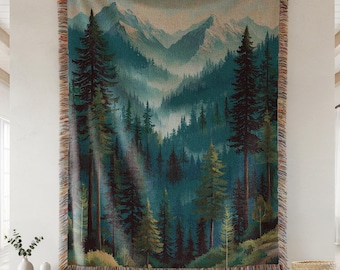 Mountain Vista Woven Blanket - Watercolor Forest Cotton Throw - Cozy Nature Landscape Tapestry - Wilderness Cabin Decor